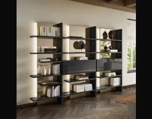 Libreria modulare da parete Pentagram 1457 in laccato lucido con luci a led integrate di Lago