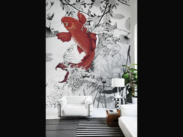 Carta da parati con carpa rossa e sfondo in bianco e nero Koi re-edition di London Art