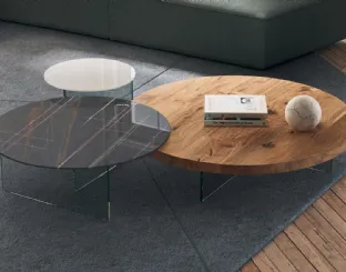Tavolino Air Rotondo in vetro laccato, vetro effetto marmo e legno di Rovere centenario di Lago