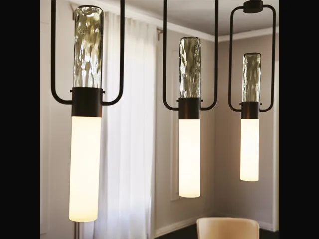 Lampada a sospensione in ferro brunito con paralume in vetro Bamboo di Cattelan Italia
