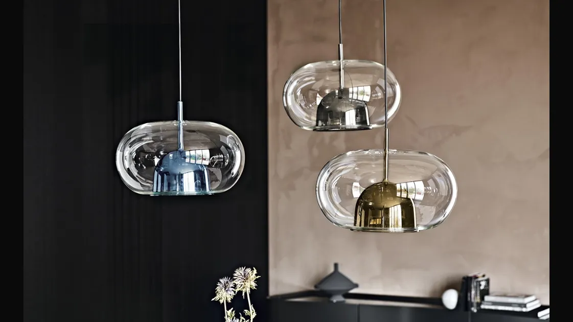 Lampada a sospensione con paralume in vetro borosilicato trasparente e calotta interna in vetro borosilicato verniciato Coimbra di Cattelan Italia