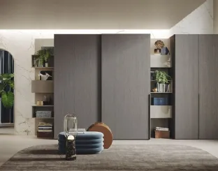 Armadio Ante Scorrevoli 08 in rovere fumo con elementi Free e contenitori Live di Morassutti