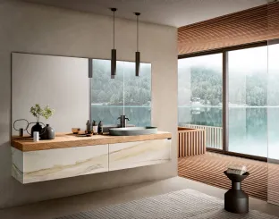 Mobile da Bagno sospeso Bathroom 1118 in vetro finitura effetto marmo con top in legno di Rovere di Lago