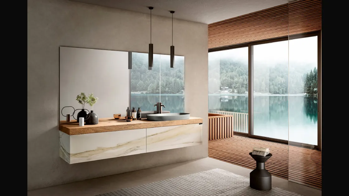 Mobile da Bagno sospeso Bathroom 1118 in vetro finitura effetto marmo con top in legno di Rovere di Lago