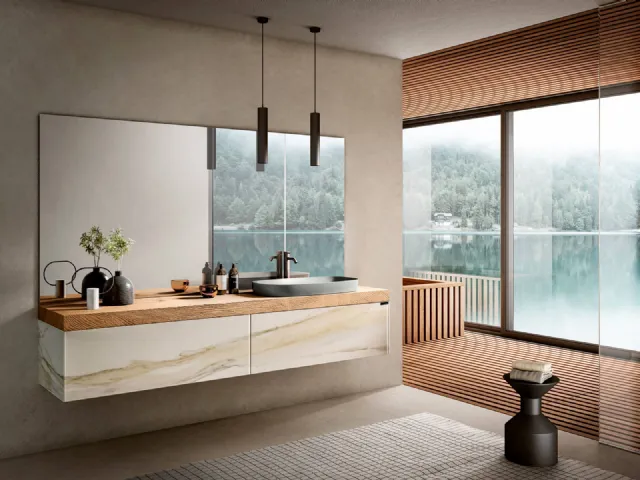 Mobile da Bagno sospeso Bathroom 1118 in vetro finitura effetto marmo con top in legno di Rovere di Lago