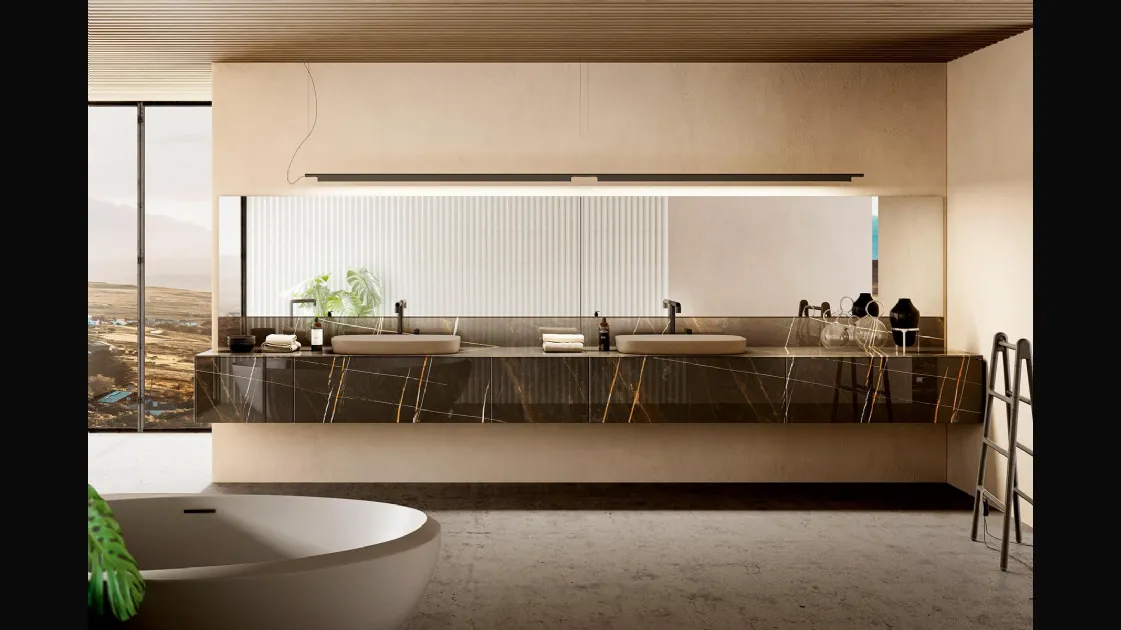 Mobile da Bagno sospeso 36e8 04 in vetro finitura effetto marmo con Doppio Lavabo di Lago