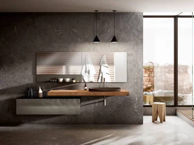 Mobile da Bagno sospeso in vetro laccato con top in legno 36e8 02 di Lago