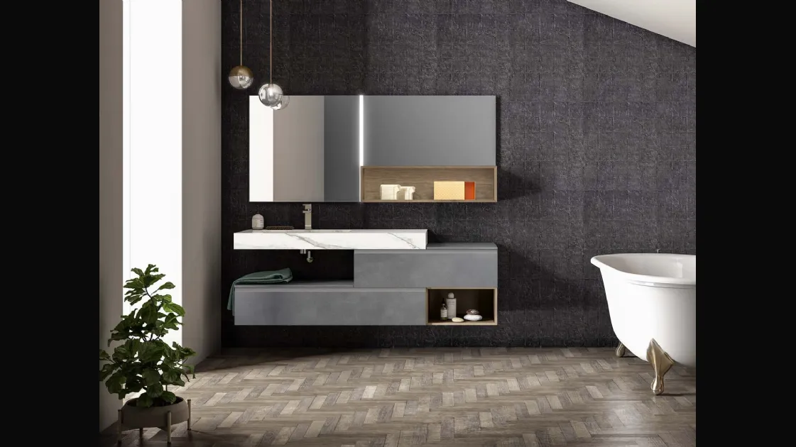 Mobile da Bagno sospeso in laccato metallico piombo Lapis 06 di Birex