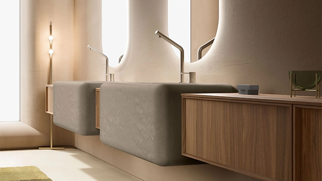 Mobile da Bagno Des Evolution Caramel 02 in Noce Canaletto con lavabi in resina di Cerasa