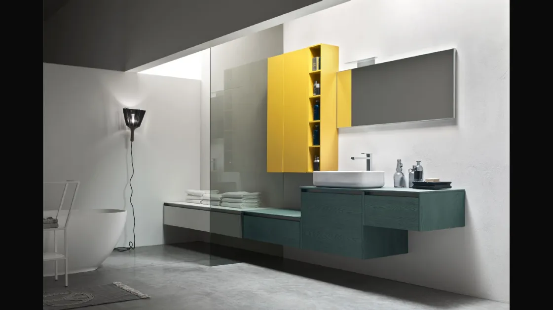 Mobile da Bagno sospeso in Rovere Segale con pensile laccato Giallo opaco Escape 33 di Arcom