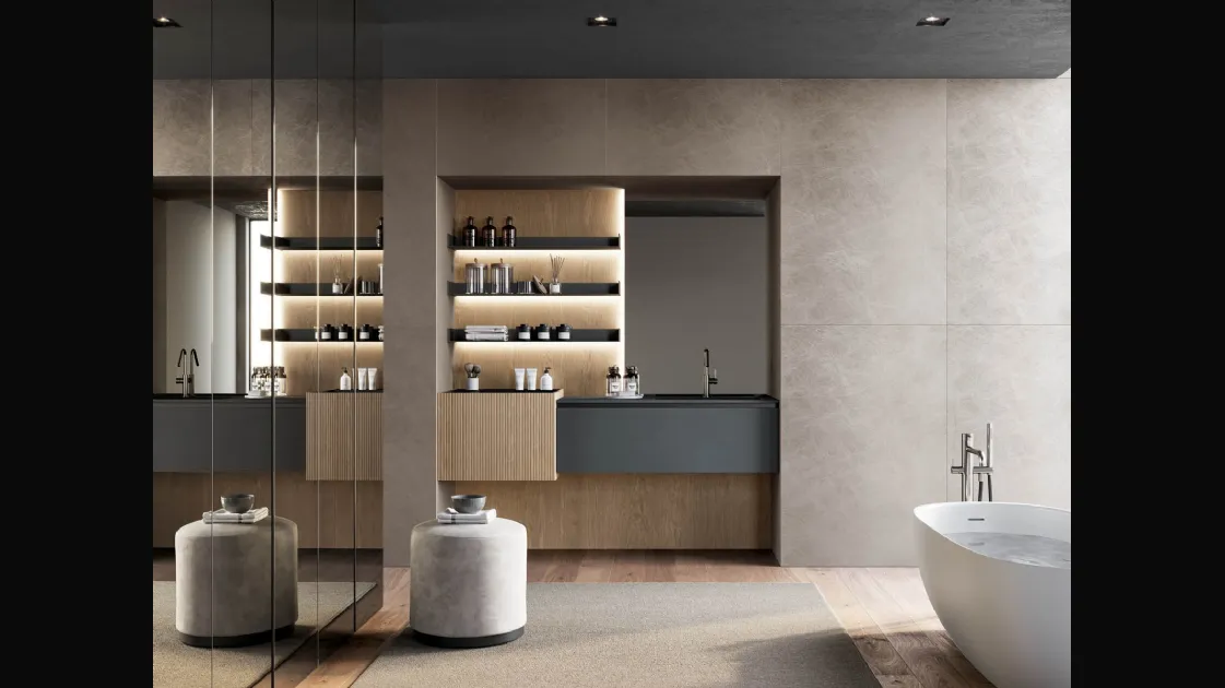 Mobile da Bagno sospeso in fenix grigio bromo e canneté rovere visone Facto 01 di Birex