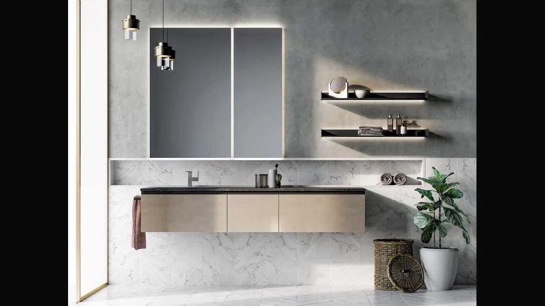 Mobile da Bagno sospeso Gola Up 07 in laccato metallico nichel di Birex