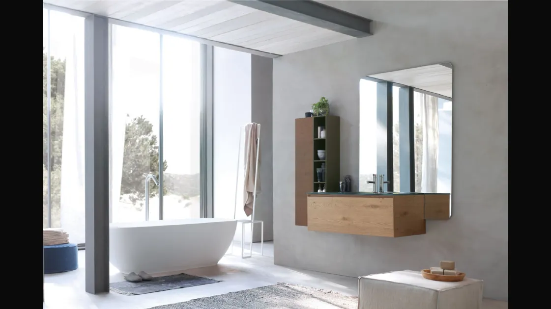 Mobile da Bagno sospeso La Fenice 12 in rovere nodato naturale con top in cristallo extralight Verde bosco con lavabo integrato di Arcom