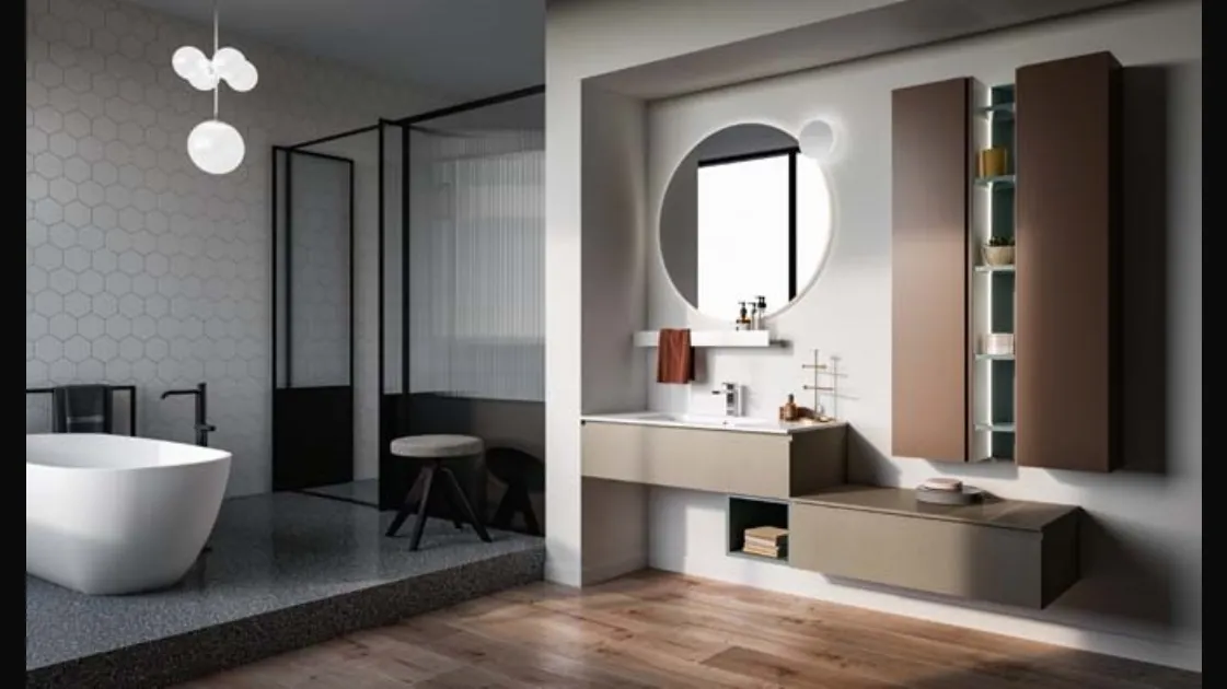 Mobile da bagno sospeso in laccato opaco terracotta e melaminico argilla Lapis 03 di Birex