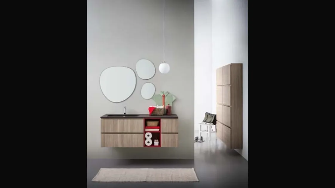 Mobile da Bagno sospeso in melaminico con vano a giorno in laccato rosso e top in mineral marmo Lapis 04 di Birex