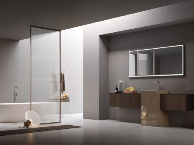 Mobile da Bagno a terra Pollock 63 in Eucalipto con lavabo in gres lucido di Arcom
