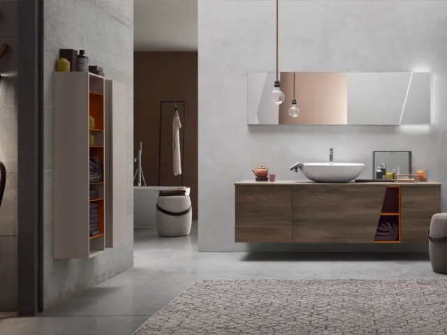 Mobile da Bagno sospeso in Olmo marrone con vano a giorno laccato Mattone opaco E-Ly 77 di Arcom