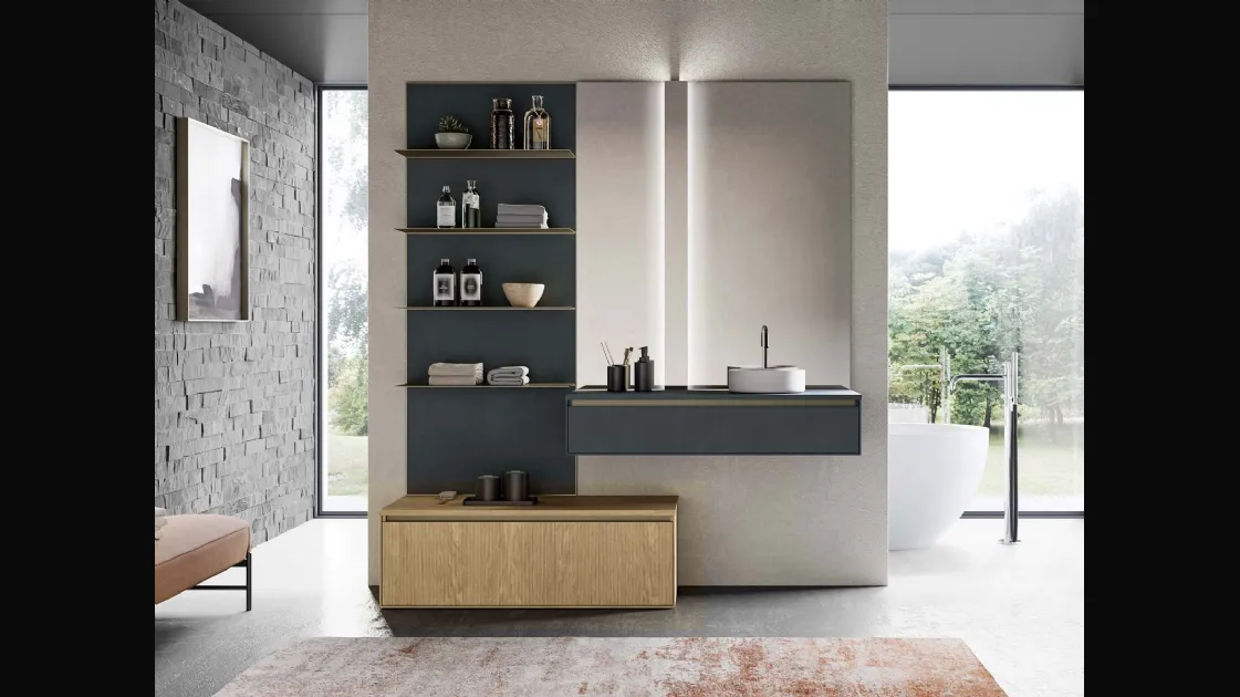 Mobile da Bagno sospeso in laccato opaco grigio antracite e canneté essenza rovere naturale Traccia 06 di Birex