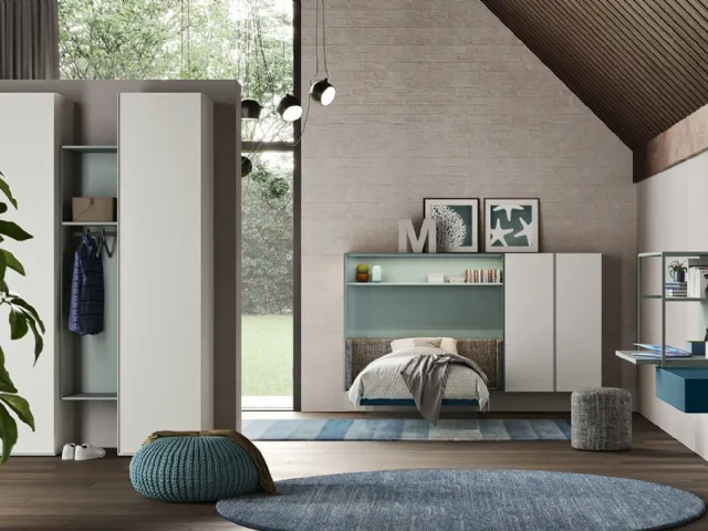 Cameretta componibile con letto effetto sospeso con base trasparente Start T02 di Clever