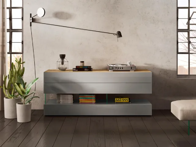 Comò Air in vetro laccato Grigio e top in legno di Lago