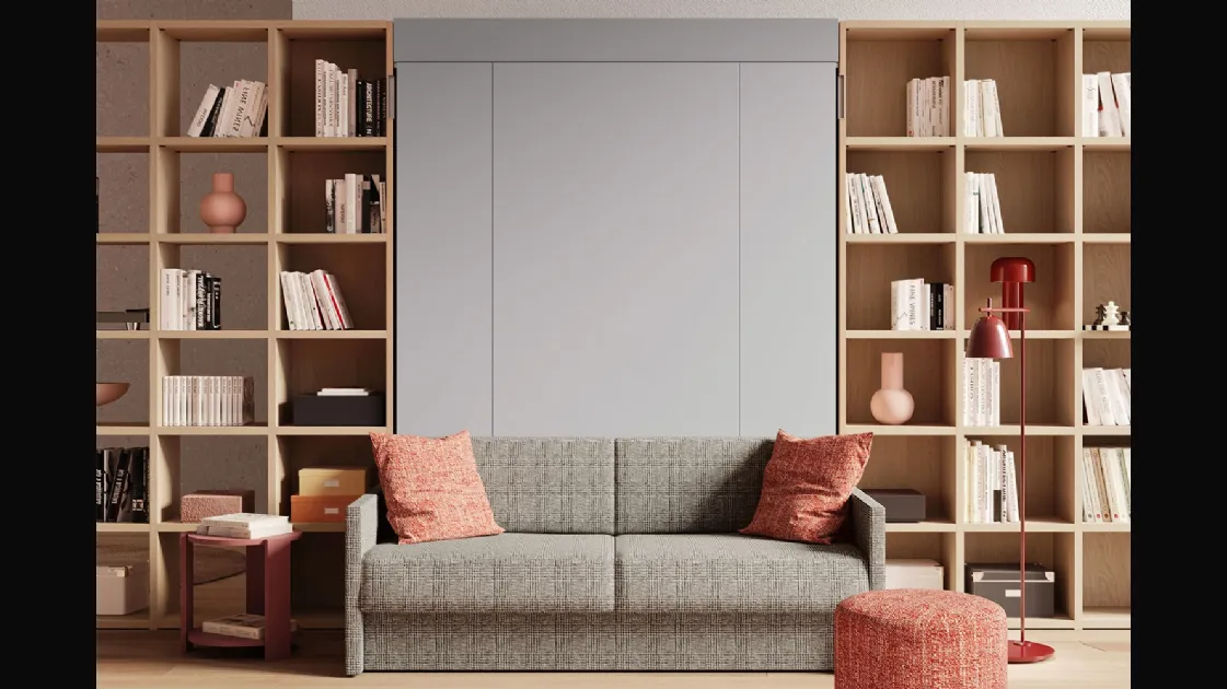 Letto a scomparsa con divano integrato e libreria Im 22 04 Nobu in melaminico Rovere e laccato opaco di Clever