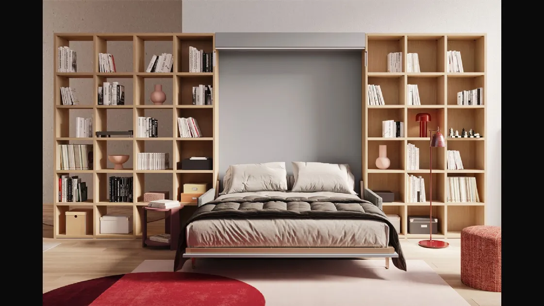 Letto matrimoniale a scomparsa con divano integrato e libreria Im 22 04 Nobu in melaminico Rovere e laccato opaco di Clever