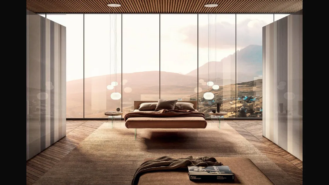 Letto Air 1501 in tessuto imbottito con base in vetro di Lago
