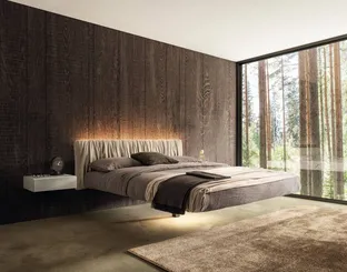 Letto sospeso Fluttua 1631 con testiera in pelle plissettata di Lago