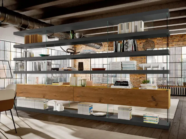 Libreria Air Bifacciale Divisoria in laccato opaco e legno con divisori in vetro di Lago