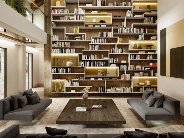 Libreria LagoLinea a tutta parete in laccato opaco e vetro di Lago