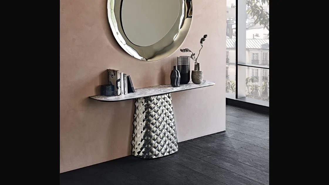 Consolle con piano in ceramica e base in cristallo specchiato Atrium Keramik di Cattelan Italia