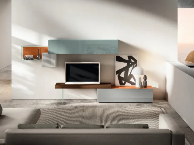 Mobile Porta Tv 36e8 0513 in vetro laccato lucido e legno di Rovere di Lago