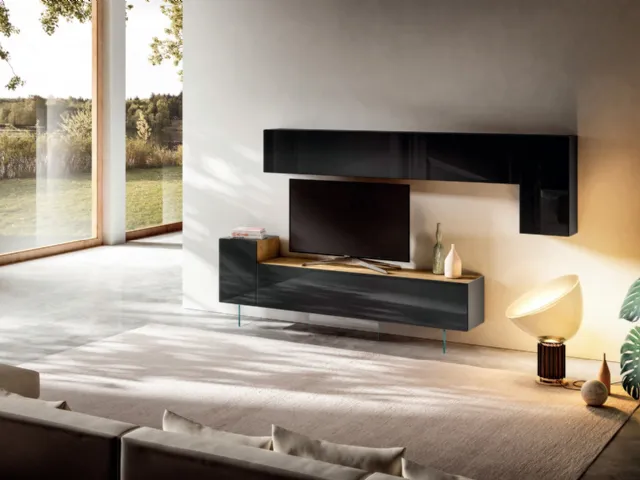 Mobile Porta Tv 36e8 0524 in vetro laccato con top in legno di Lago