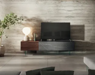 Mobile Porta Tv 36e8 0749 in vetro effetto marmo e legno di Rovere di Lago