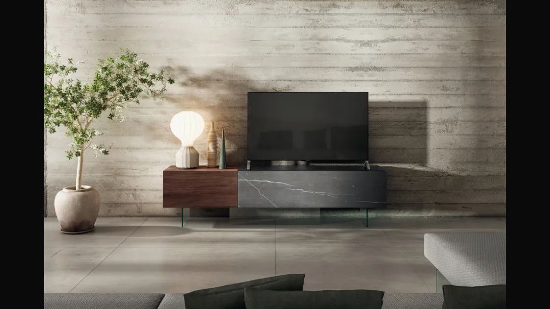 Mobile Porta Tv 36e8 0749 in vetro effetto marmo e legno di Rovere di Lago