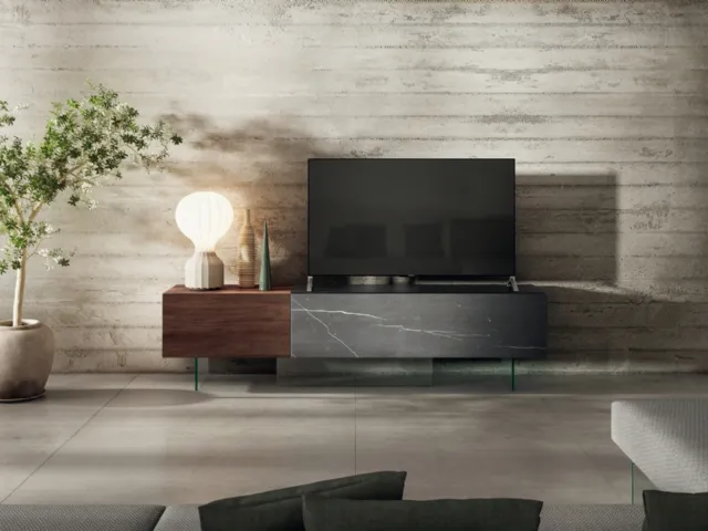 Mobile Porta Tv 36e8 0749 in vetro effetto marmo e legno di Rovere di Lago
