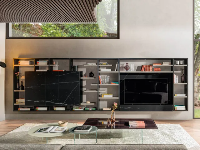 Parete Attrezzata sospesa 30mm 05 in finitura Marble XGlass Nero Marquinia di Lago