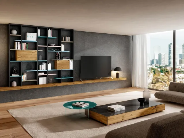 Parete Attrezzata sospesa 30mm 06 in legno di Rovere e laccato opaco di Lago