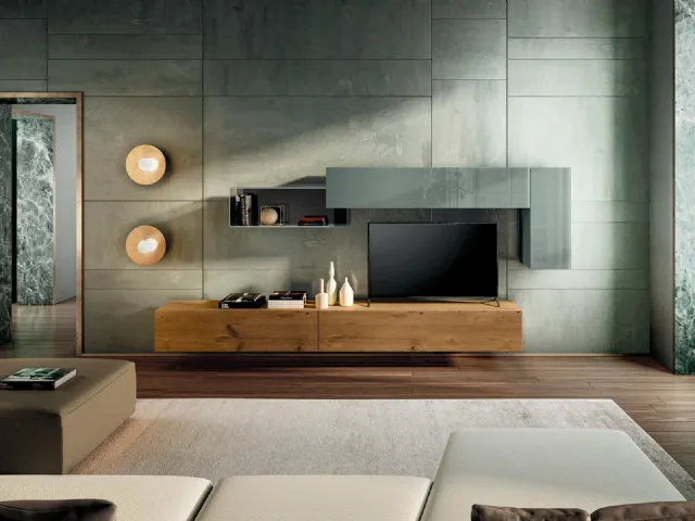 Parete Attrezzata 36e8 in legno di Rovere e vetro di Lago