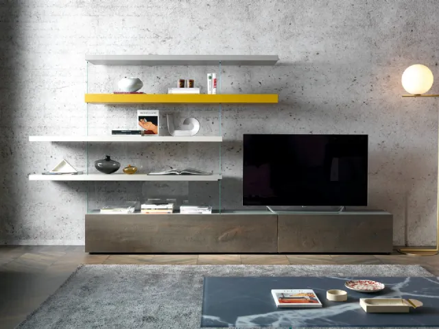 Parete Attrezzata Air 0693 in legno di Rovere Grigio, laccato e vetro di Lago