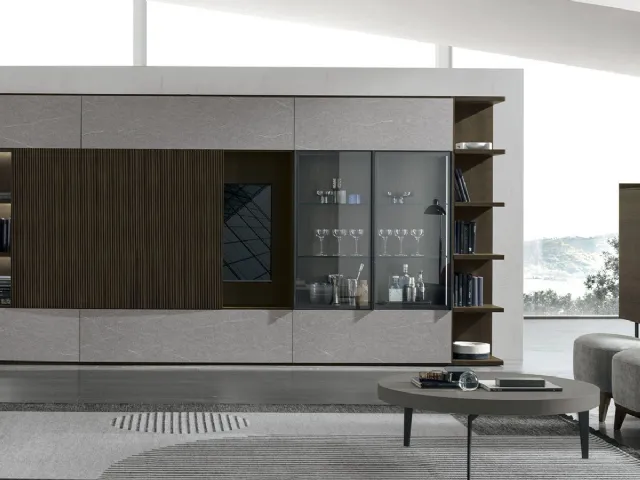 Parete Attrezzata Atlante UNIT AT211 in materico rovere moka, legno rovere moka canettè e materico piasentina scuro di Tomasella