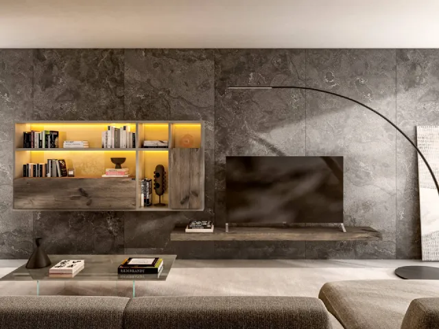Parete Attrezzata sospesa Idea Salvaspazio in Legno di Rovere Grigio di Lago