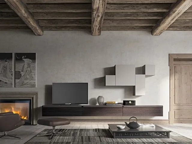 Parete Attrezzata sospesa Live 11 GEOMETRIC in rovere affumicato e laccato opaco di Morassutti