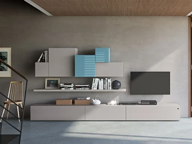 Parete Attrezzata Live 15 URBAN in rovere spazzolato laccato perla, laccato perla opaco e laccato cielo lucido di Morassutti