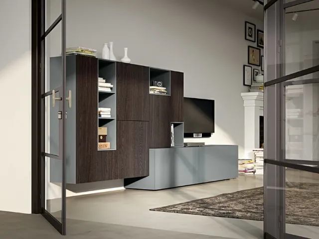 Parete Attrezzata Live 20 FEEL YANG in rovere affumicato e laccato grigio opaco di Morassutti