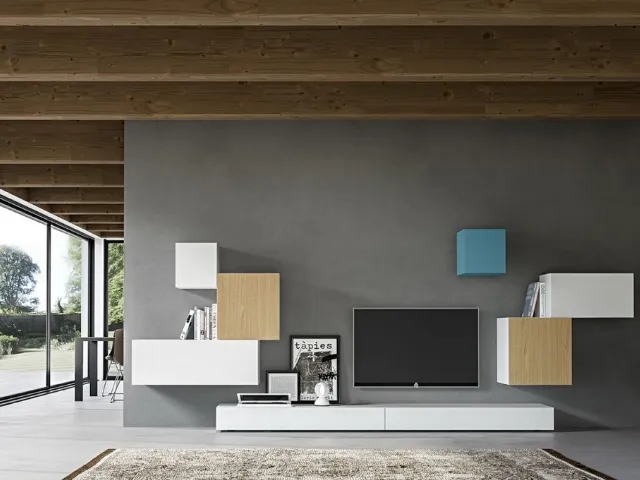 Parete Attrezzata Live 24 NEUTRAL COLOURS in laccato opaco bianco e cielo e rovere naturale di Morassutti