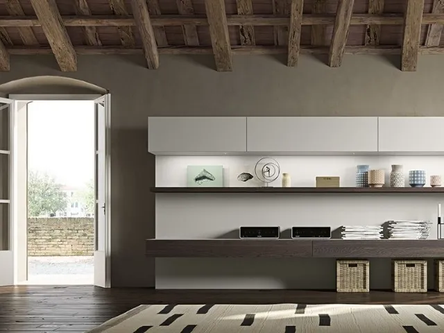 Parete Attrezzata Live 26 LIGHT in rovere affumicato e laccato canapa opaco di Morassutti