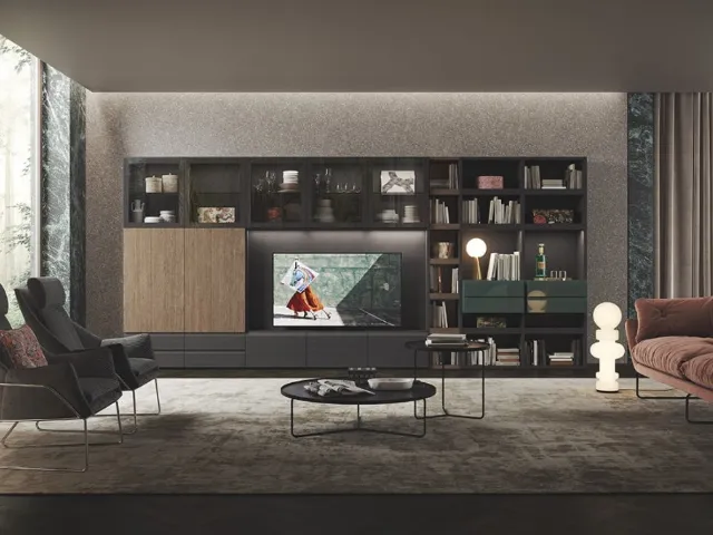 Parete Attrezzata Live & Logic Systems 02 in rovere carbone e avana, laccato verde muschio lucido e vetro grigio trasparente di Morassutti