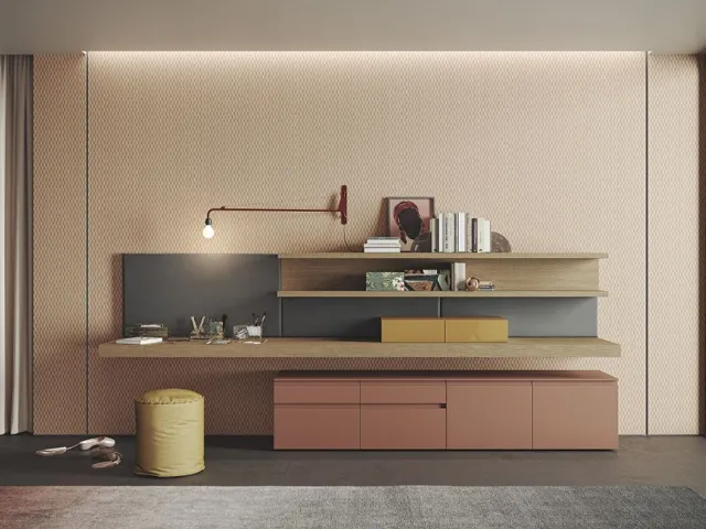 Parete Attrezzata Live & Logic Systems 11 in rovere avana e in laccato mattone opaco di Morassutti