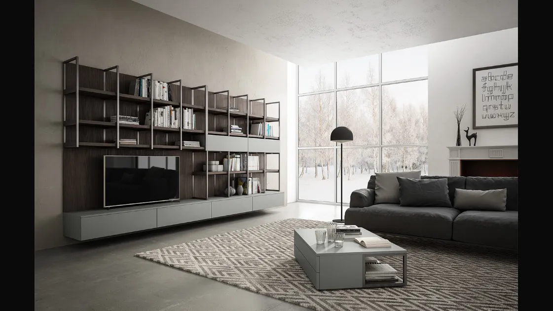 Parete Attrezzata sospesa in laccato opaco grigio e Noce bruno Living 03 di Arredo3